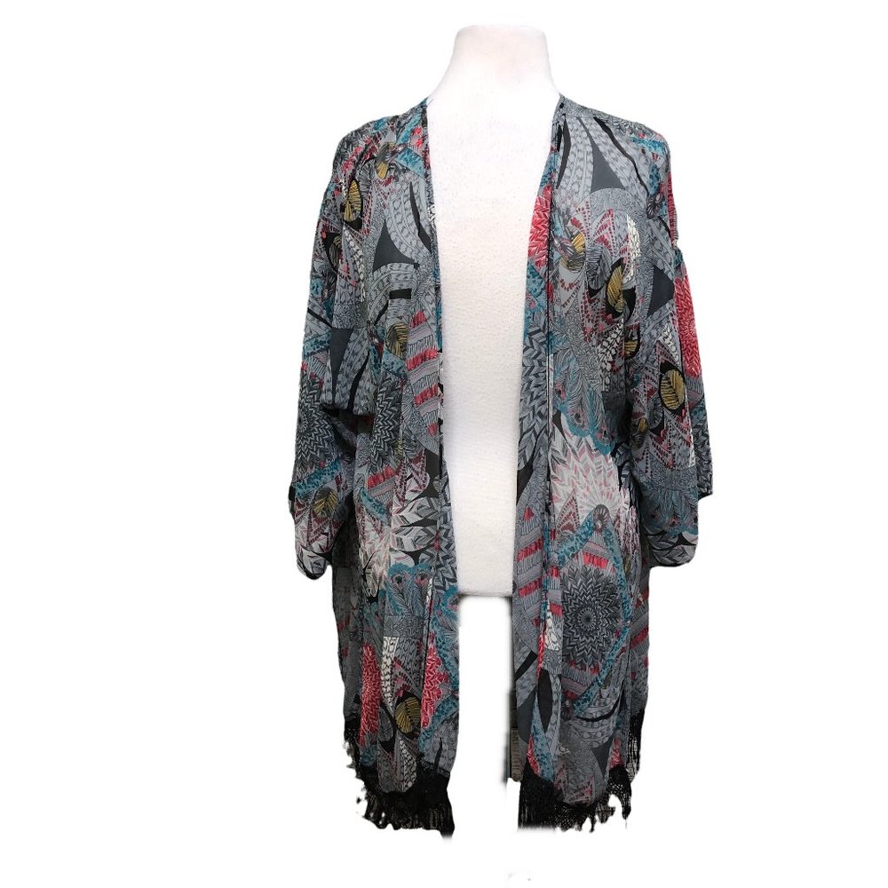 Persaya Multicolor Boho Print Open Kimono with Fringe